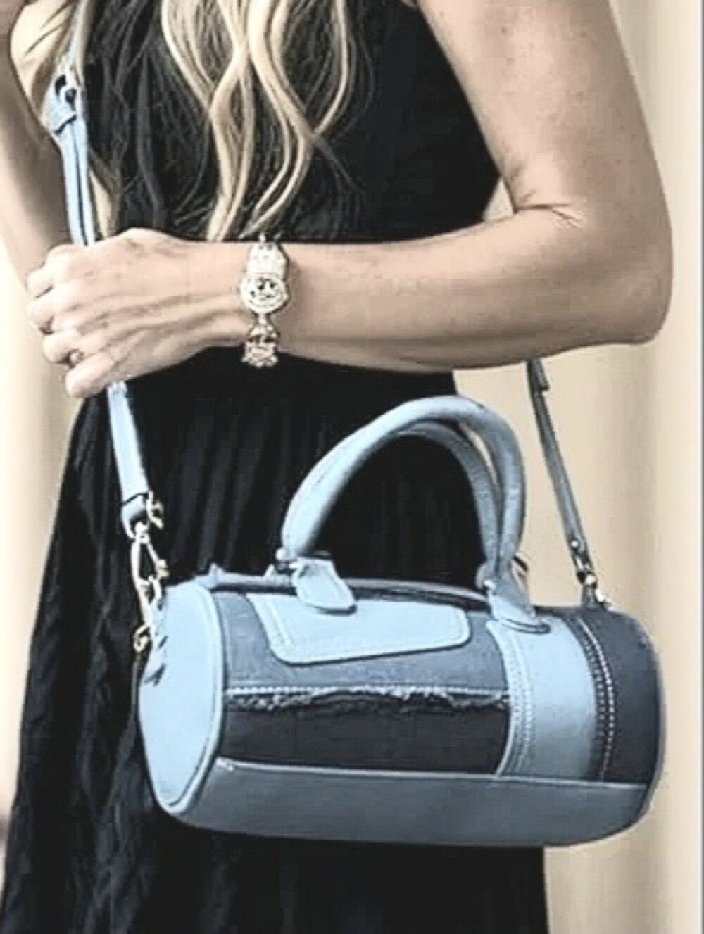 The Boston Bag - Denim Barrel Satchel Handbag - Blue Patchwork
